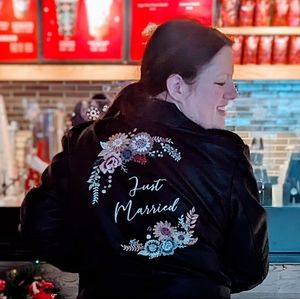 Just Married David's Bridal floral embroidered Vegan Leather Jacket size 1X plus